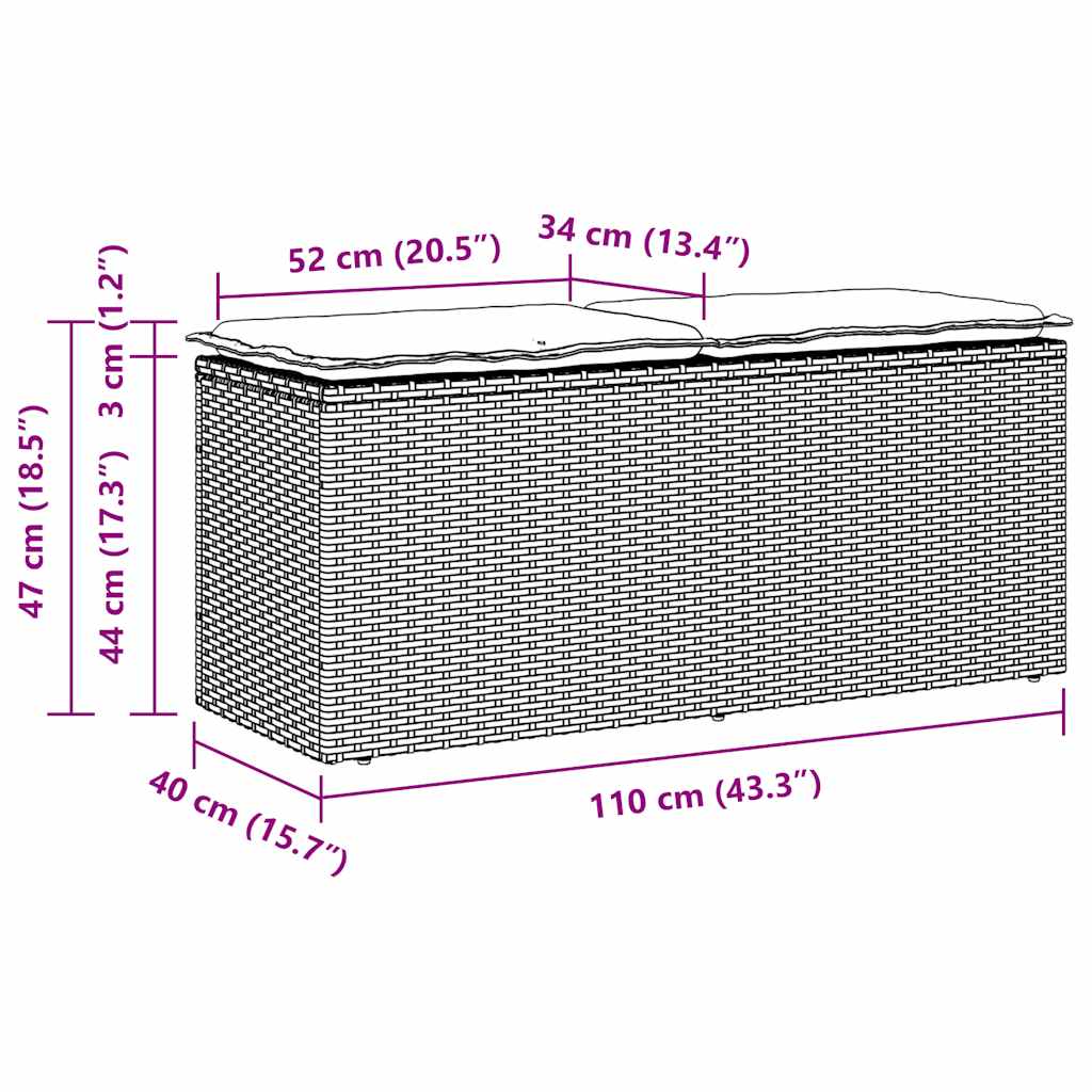 fekete polyrattan kerti pad párnával 110x40x44 cm