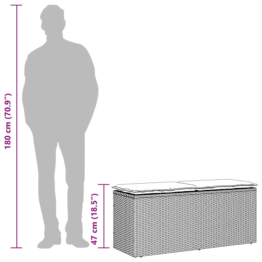 fekete polyrattan kerti pad párnával 110x40x44 cm