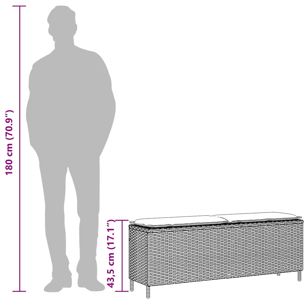 fekete polyrattan kerti pad párnával 110x30x40,5 cm