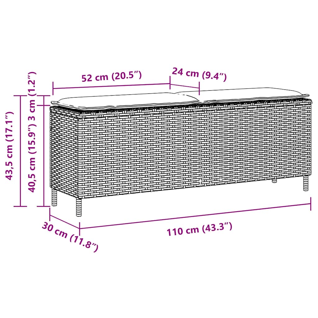 bézs polyrattan kerti pad párnával 110x30x40,5 cm