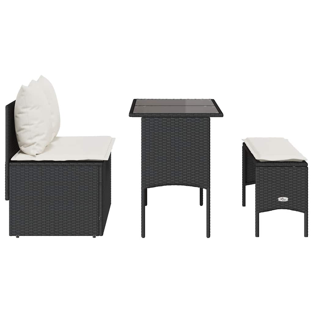 3 részes fekete polyrattan kerti étkezőgarnitúra párnákkal