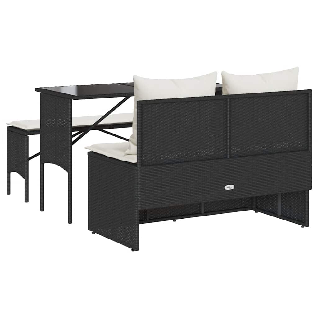 3 részes fekete polyrattan kerti étkezőgarnitúra párnákkal