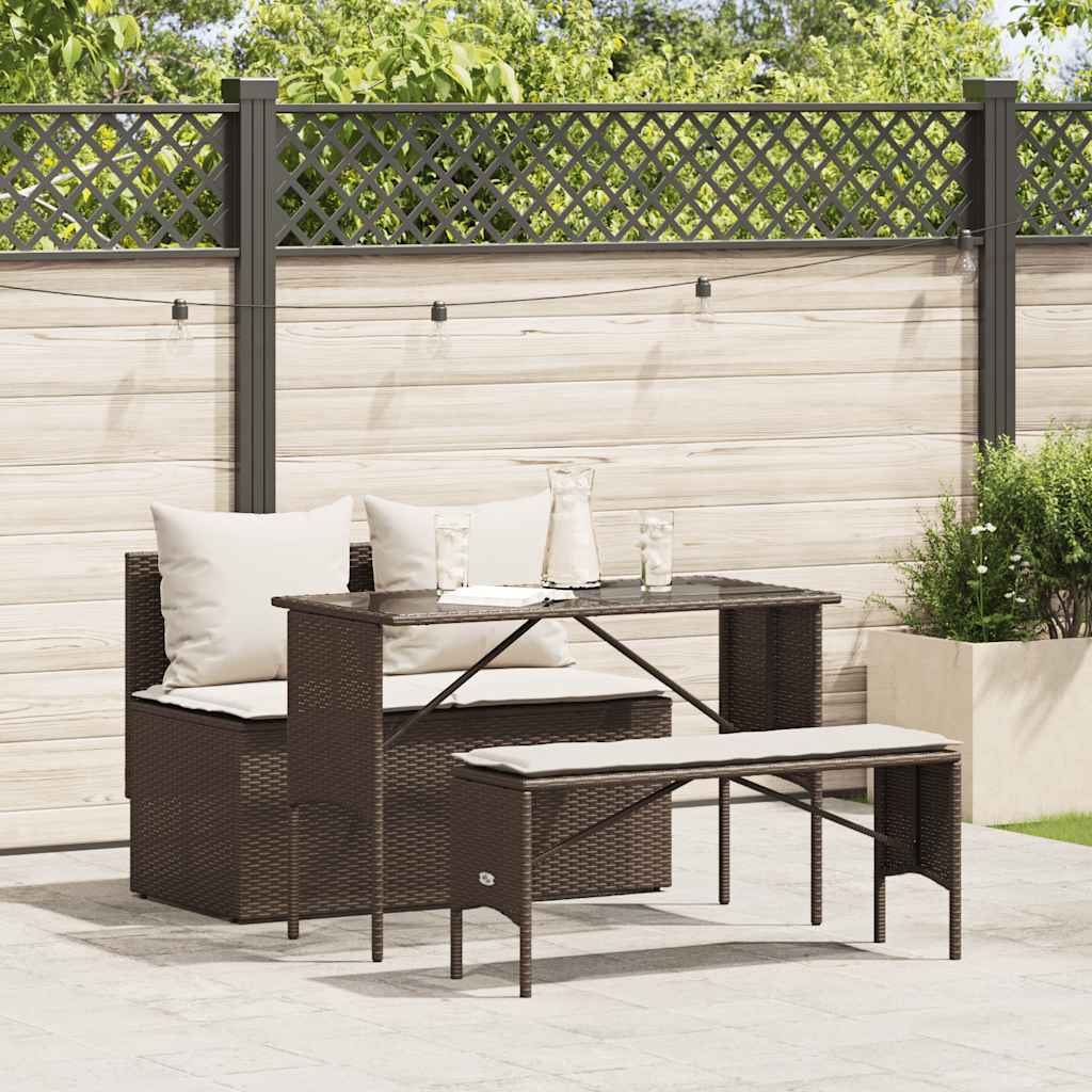 3 részes barna polyrattan kerti étkezőgarnitúra párnával