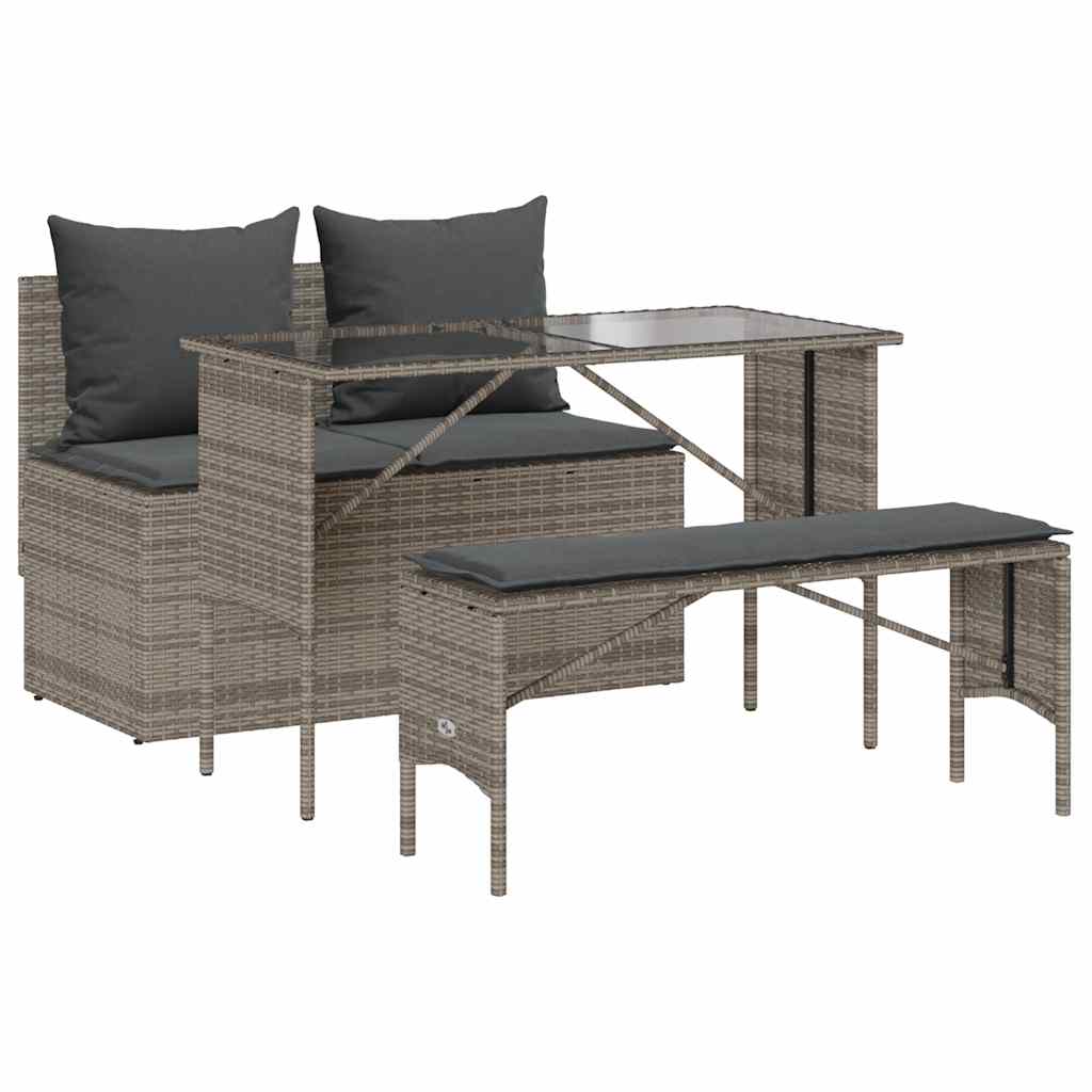 3 részes szürke polyrattan kerti étkezőgarnitúra párnával