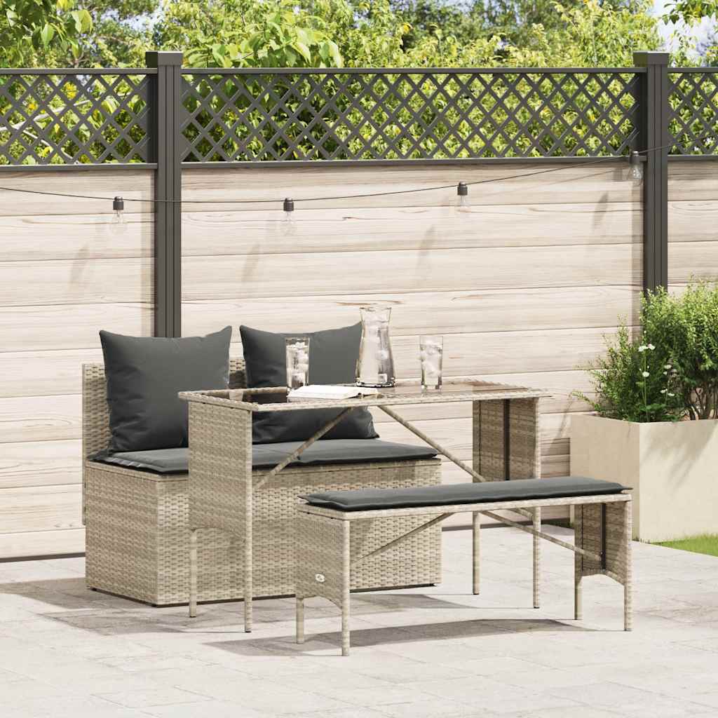 3részes világosszürke polyrattan kerti étkezőgarnitúra párnával