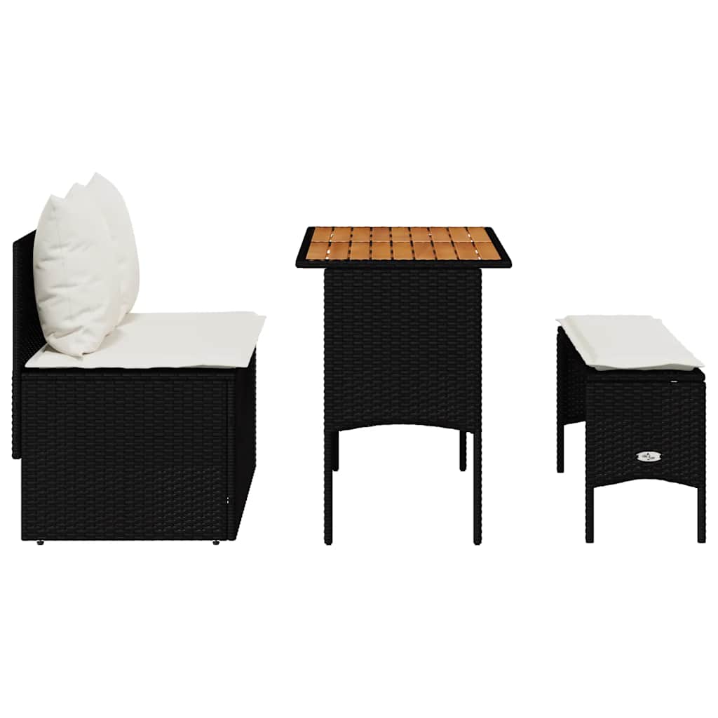 3 részes fekete polyrattan kerti étkezőgarnitúra párnákkal