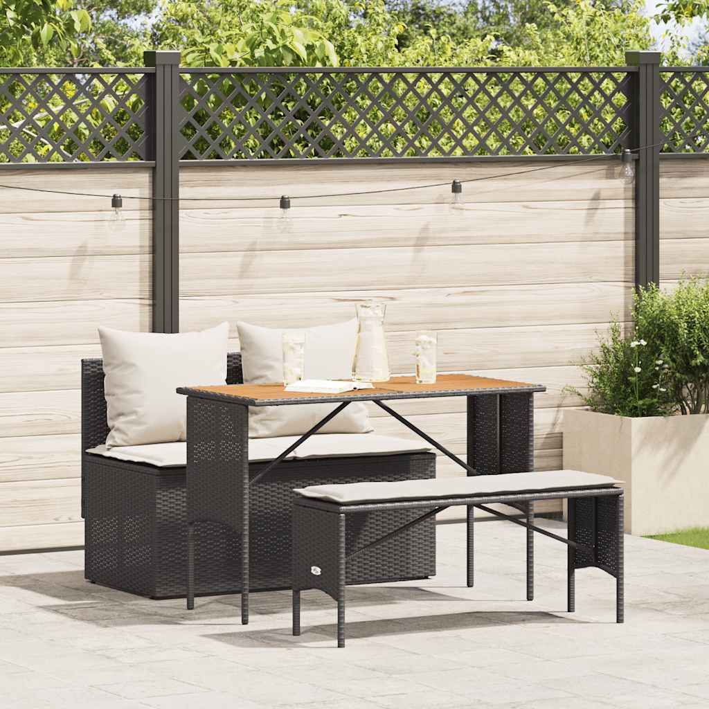 3 részes fekete polyrattan kerti étkezőgarnitúra párnákkal