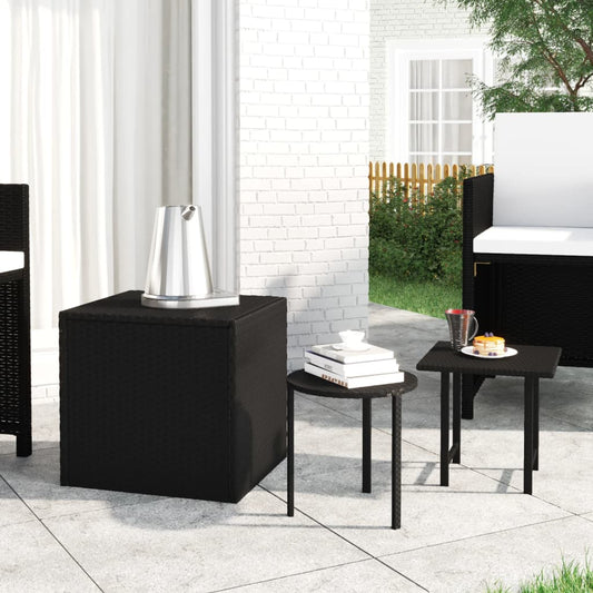 3 db fekete polyrattan kerti kisasztal