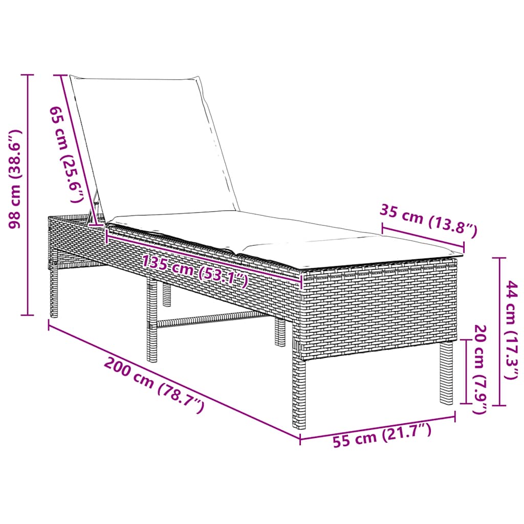 fekete polyrattan napozóágy párnával 55x200x44 cm