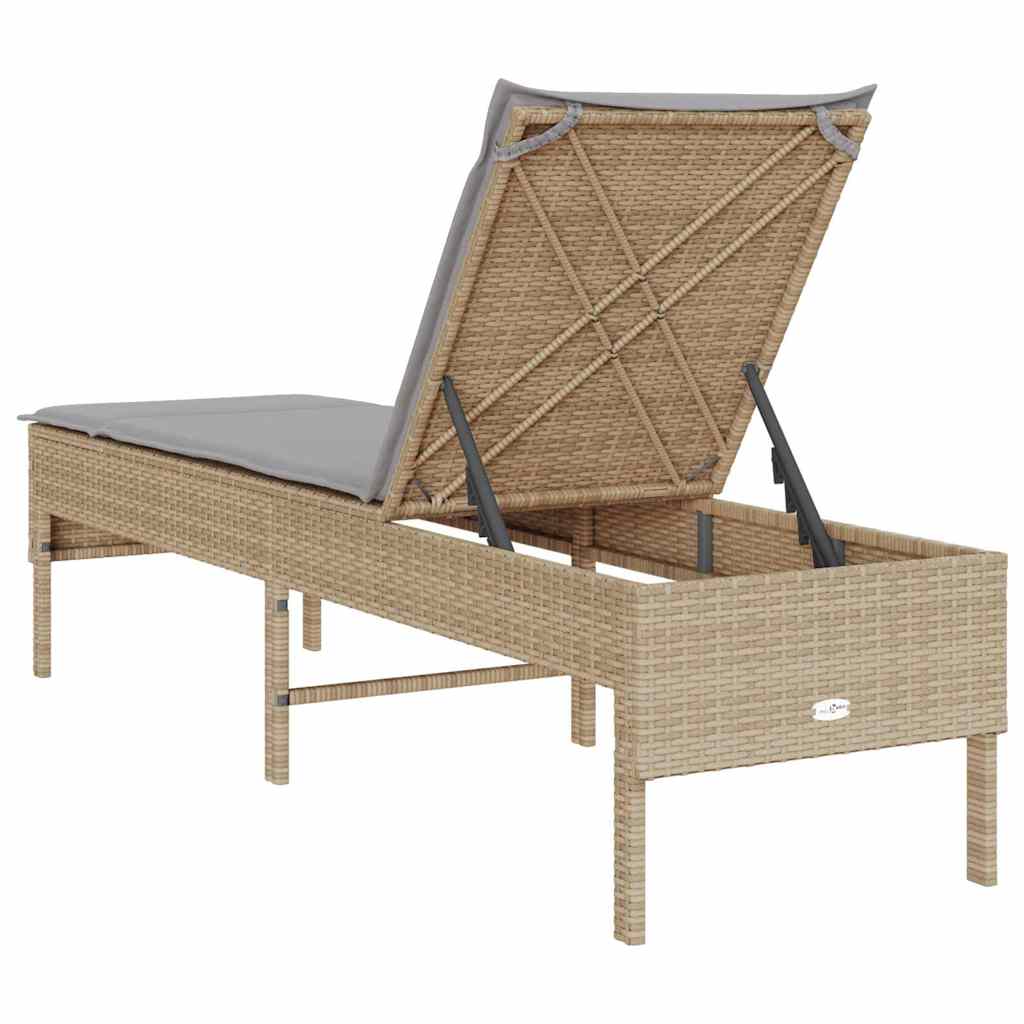 bézs polyrattan napozóágy párnával 55x200x44 cm