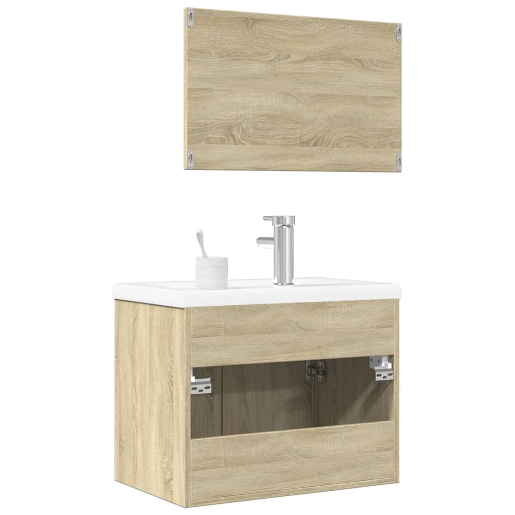 3 részes sonoma tölgyszínű szerelt fa fürdőszobai bútorszett