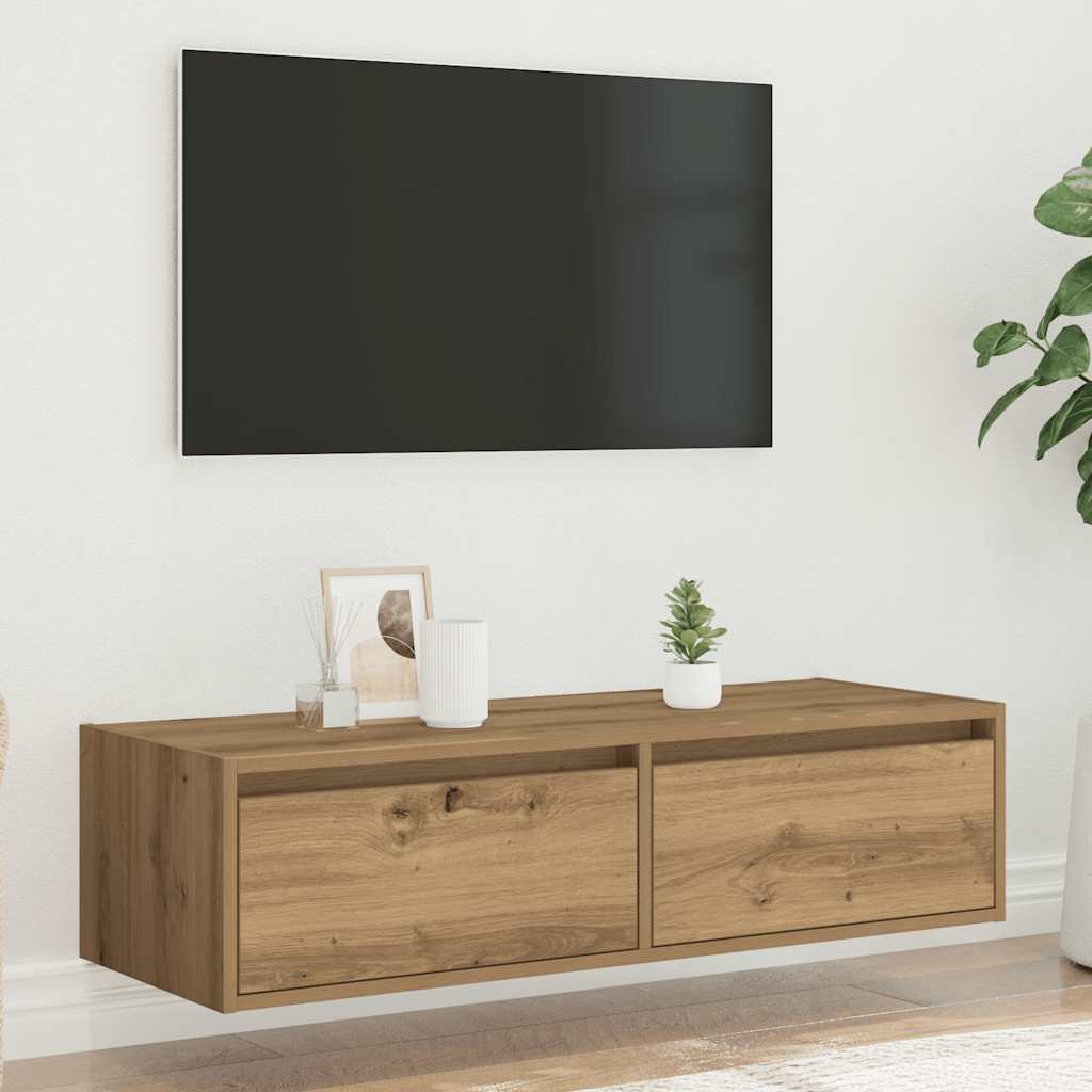 kézműves tölgy színű TV-szekrény LED-lámpákkal 100X35,5x25 cm