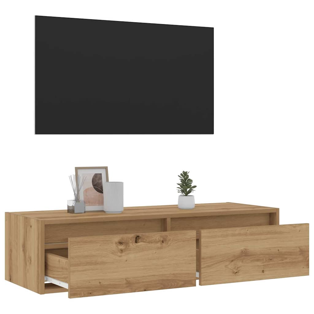 kézműves tölgy színű TV-szekrény LED-lámpákkal 100X35,5x25 cm