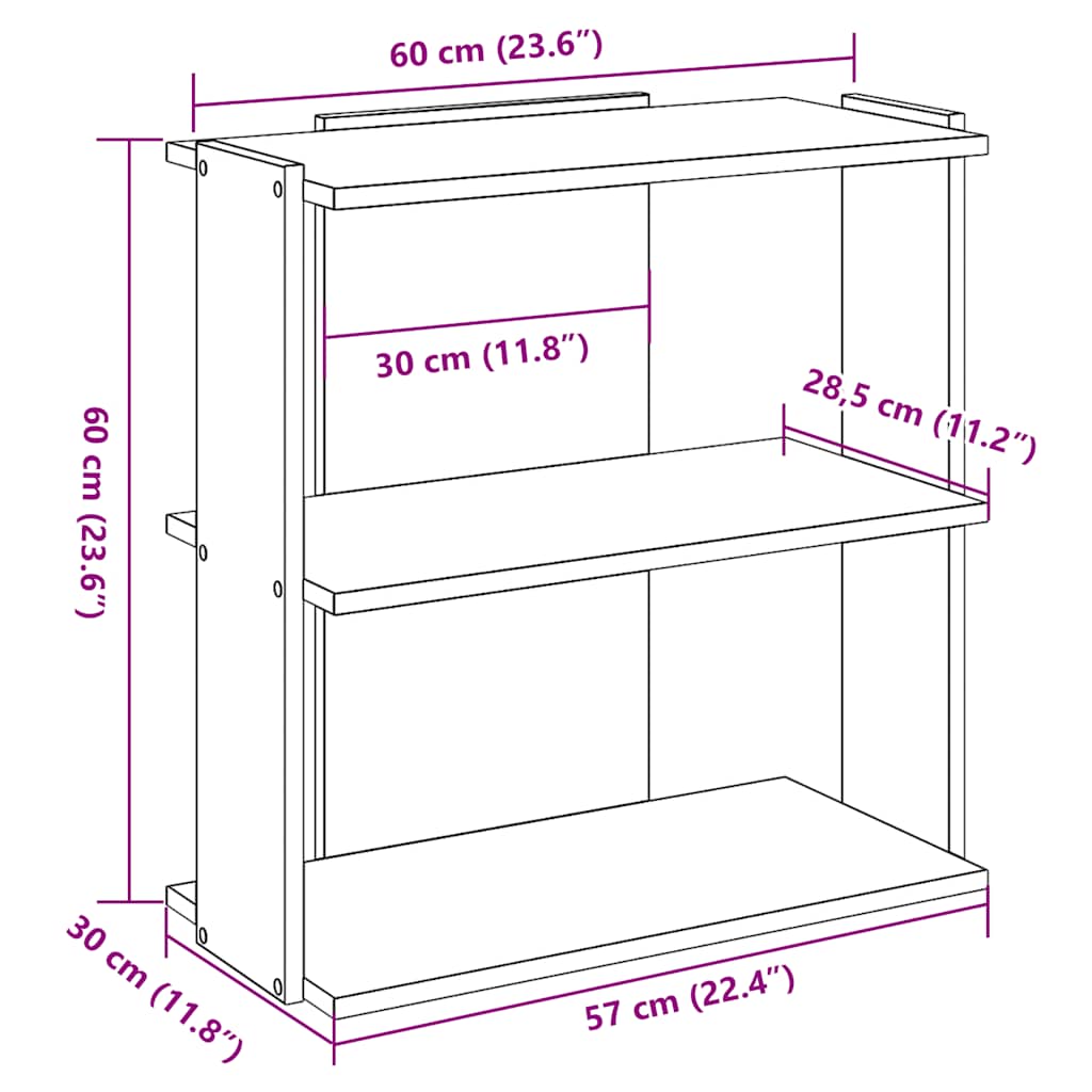 3 szintes fekete szerelt fa könyvespolc 60x30x60 cm