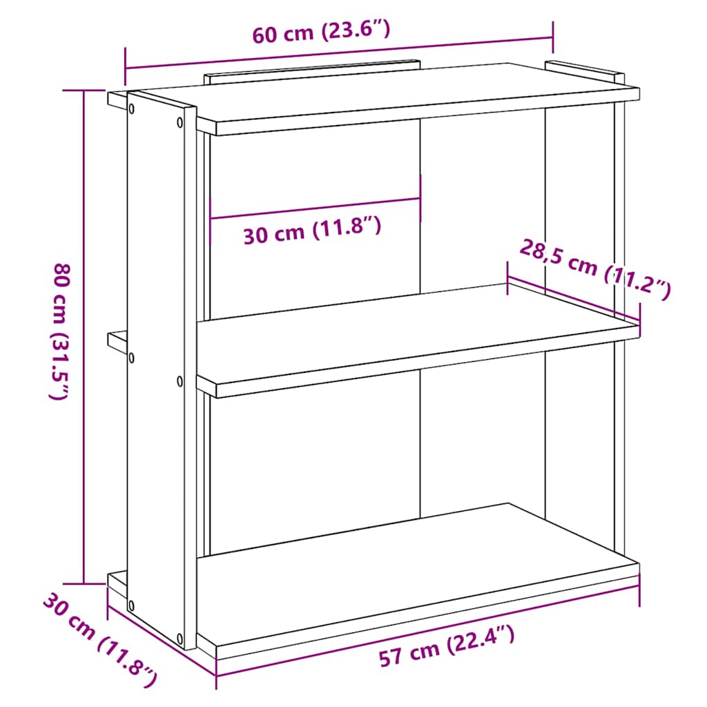 3 szintes füstös tölgy színű szerelt fa könyvespolc 60x30x80 cm