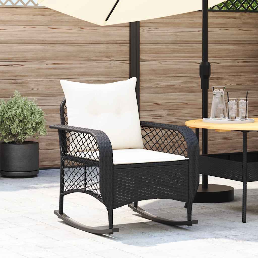 fekete polyrattan kerti hintaszék párnákkal