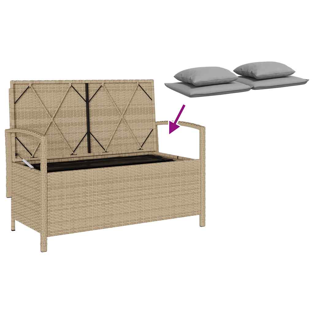 bézs polyrattan kerti tárolópad párnával