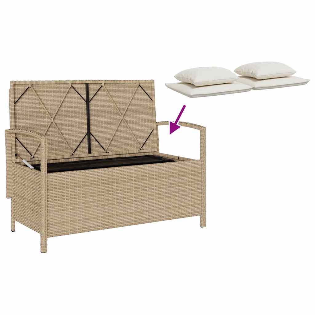 bézs polyrattan kerti tárolópad párnával