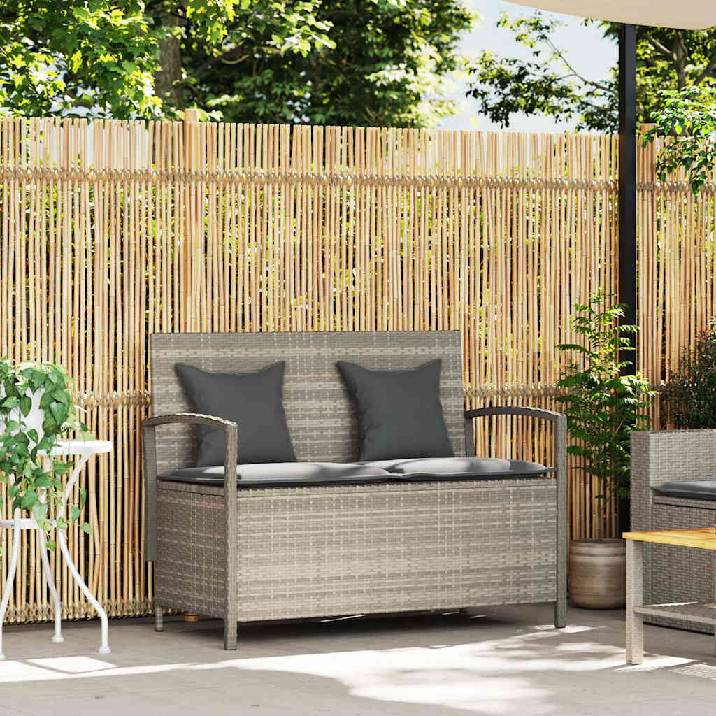 világosszürke polyrattan kerti tárolópad párnával