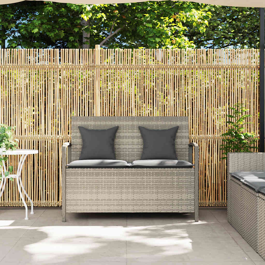 világosszürke polyrattan kerti tárolópad párnával