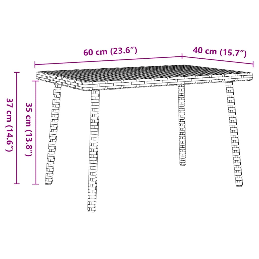 téglalap fekete polyrattan kerti dohányzóasztal 60x40x37cm