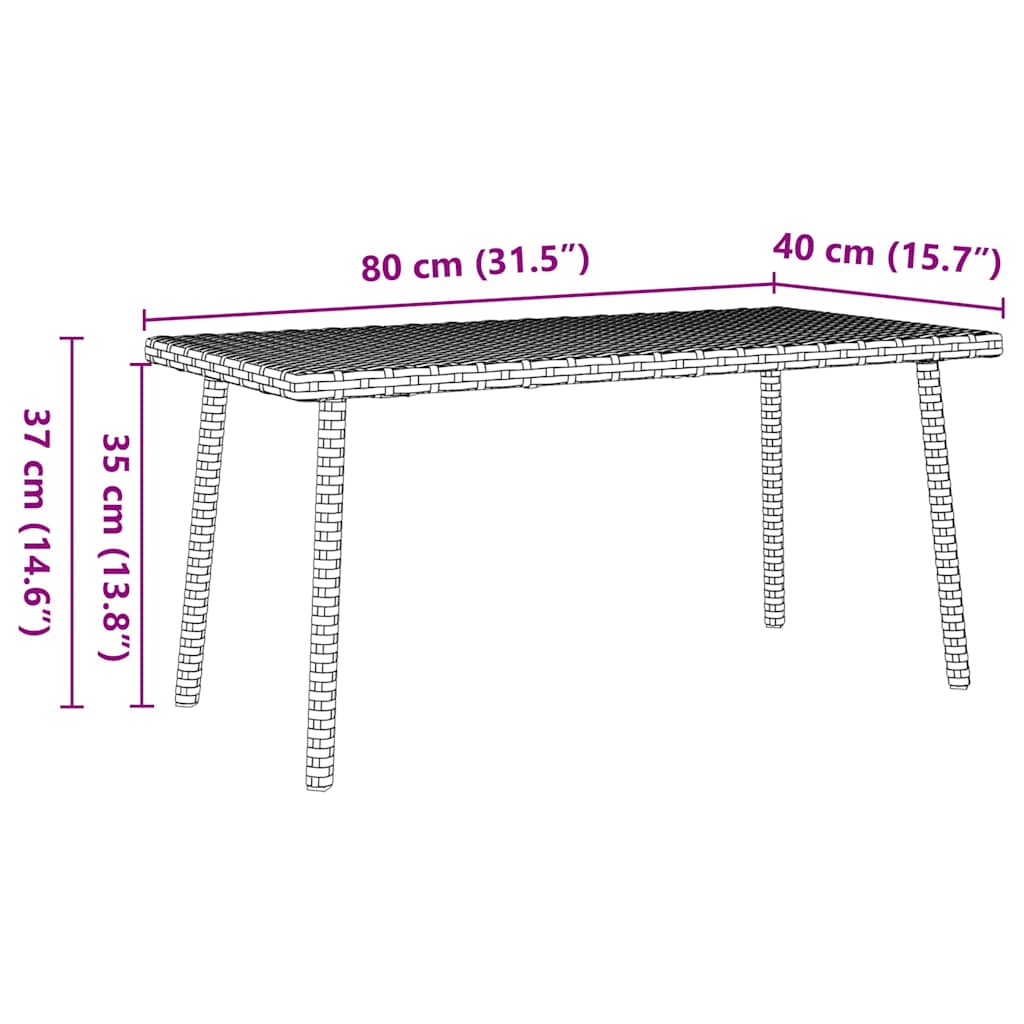 téglalap fekete polyrattan kerti dohányzóasztal 80x40x37cm