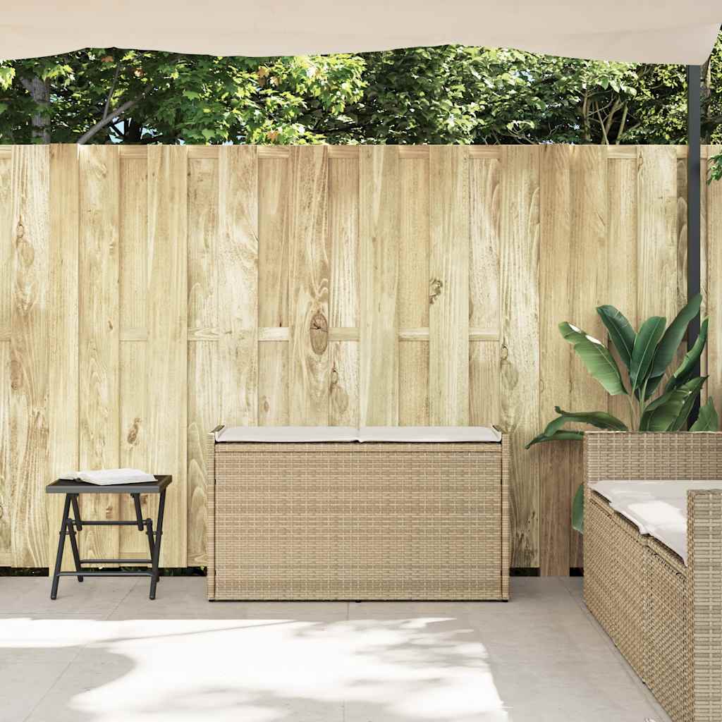 bézs polyrattan kültéri tárolópad párnával 100 cm