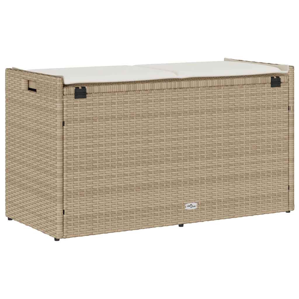 bézs polyrattan kültéri tárolópad párnával 100 cm