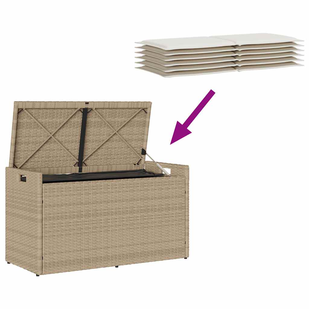 bézs polyrattan kültéri tárolópad párnával 100 cm