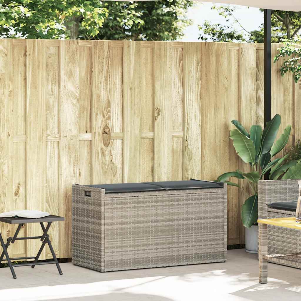 világosszürke polyrattan kültéri tárolópad párnával 100 cm