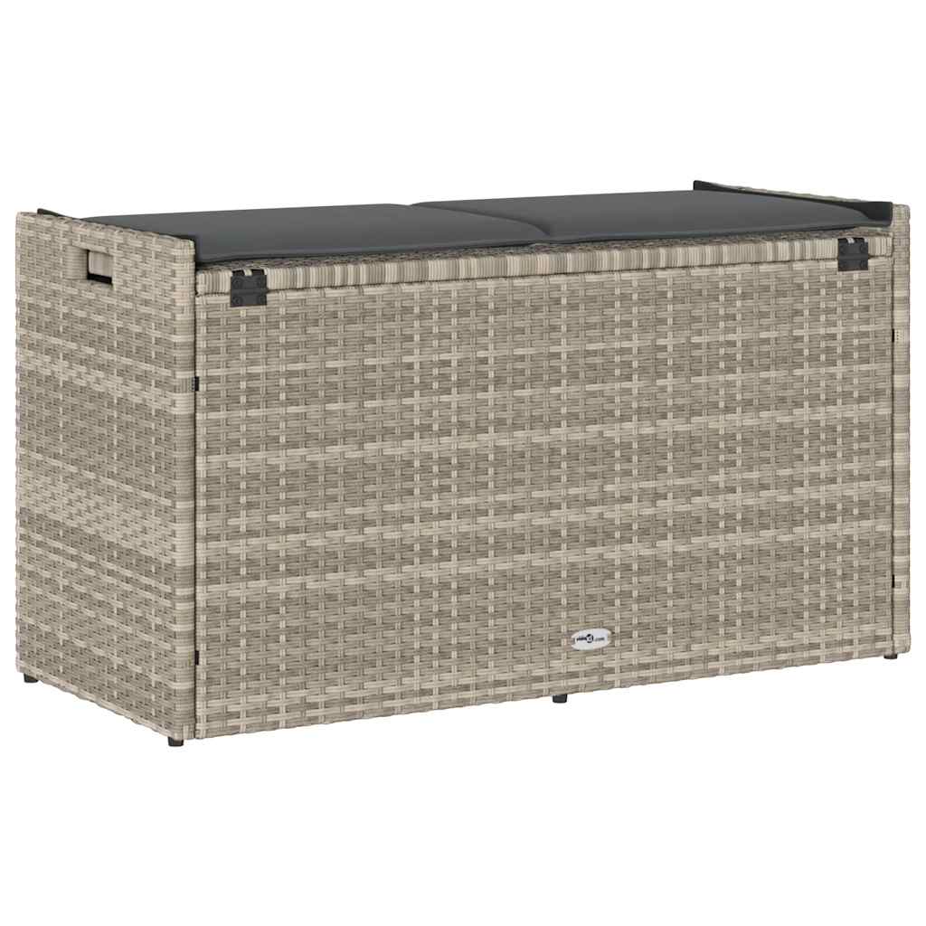 világosszürke polyrattan kültéri tárolópad párnával 100 cm