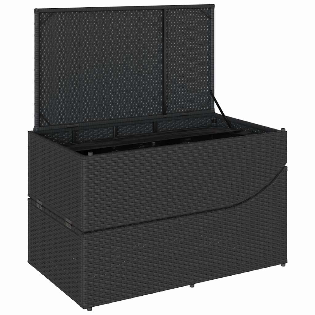 fekete polyrattan összecsukható napozóágy párnával és tárolóval