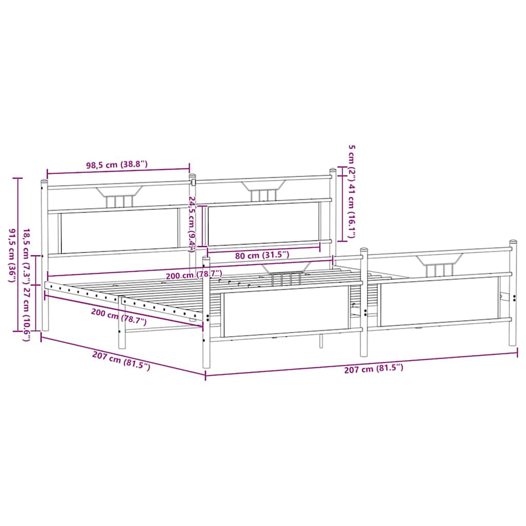 sonoma tölgy színű fém ágykeret matrac nélkül 200 x 200 cm