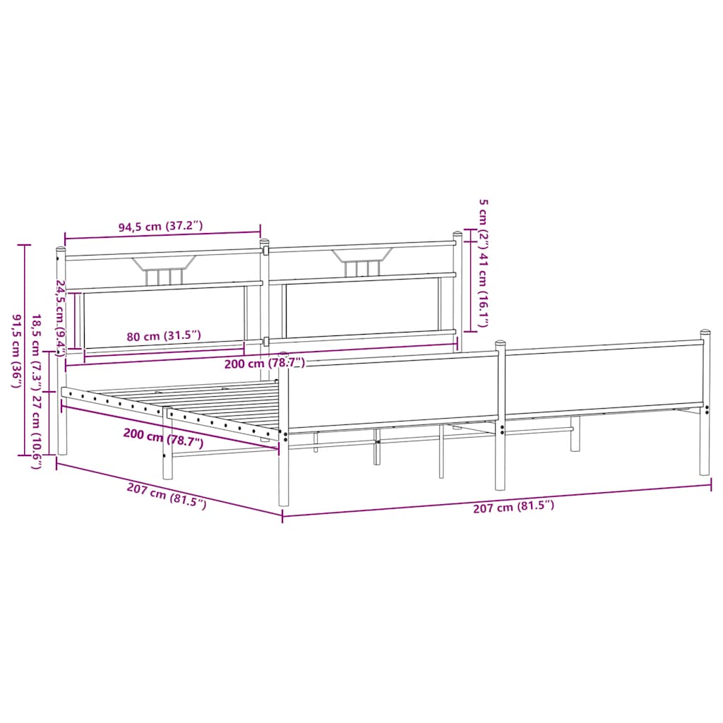 füstös tölgy színű fém ágykeret matrac nélkül 200 x 200 cm
