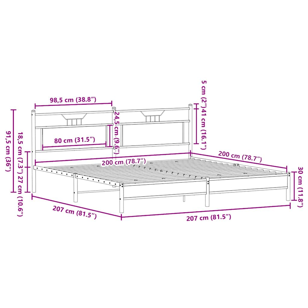 sonoma tölgy színű fém ágykeret matrac nélkül 200 x 200 cm