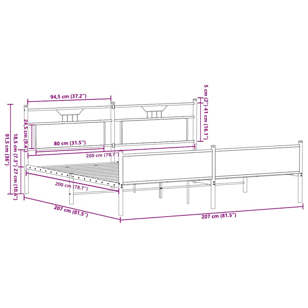 sonoma tölgy színű fém ágykeret matrac nélkül 200 x 200 cm