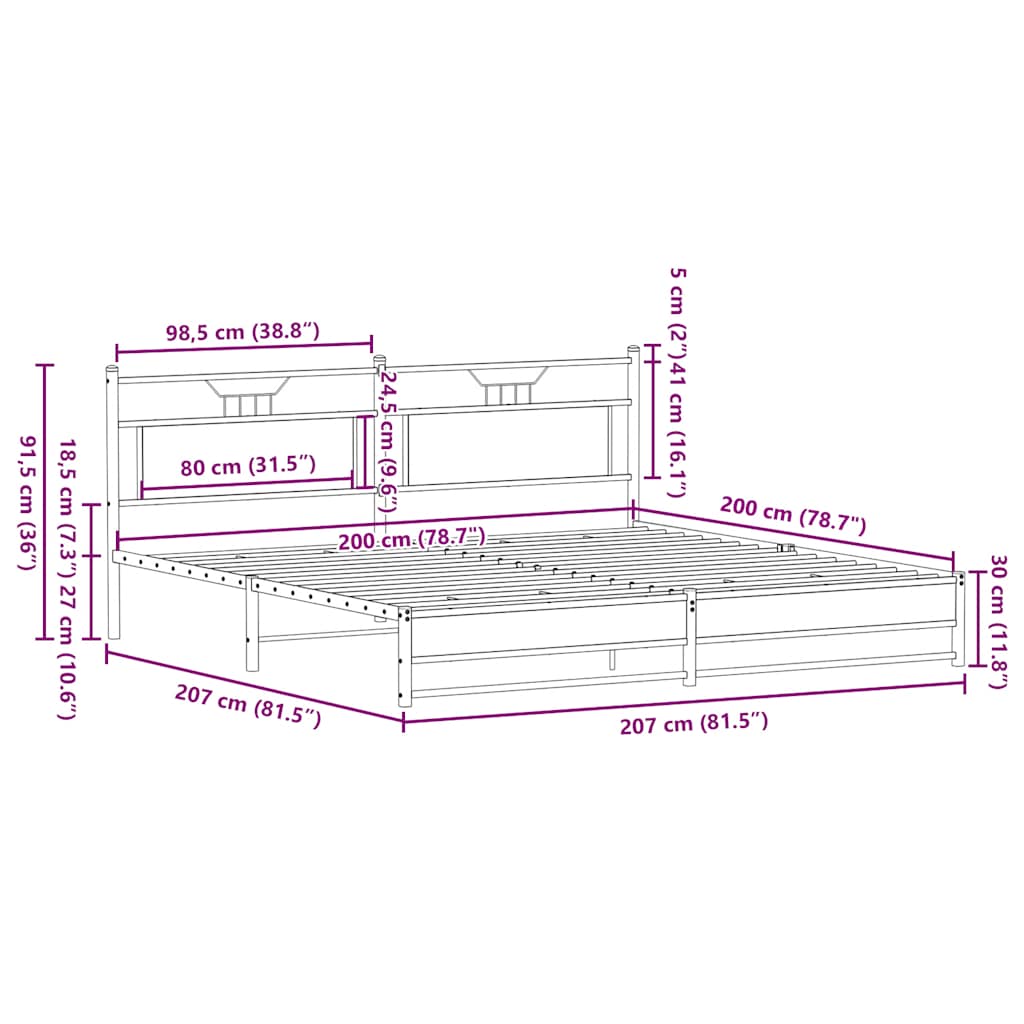 barna tölgy színű fém ágykeret matrac nélkül 200 x 200 cm