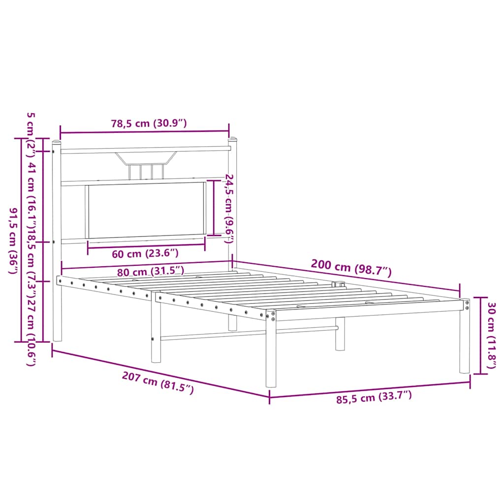 füstös tölgy színű szerelt fa ágykeret matrac nélkül 80x200 cm