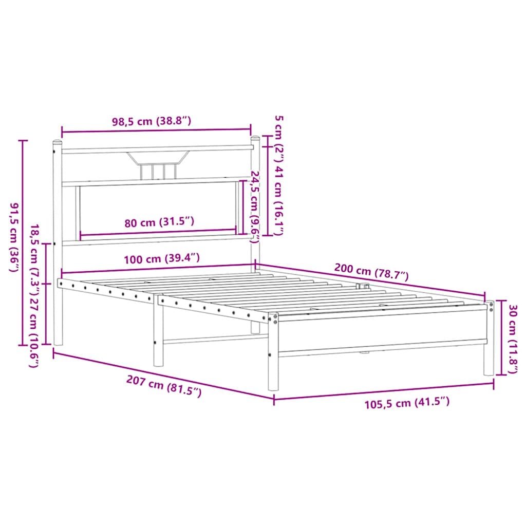 füstös tölgy színű szerelt fa ágykeret matrac nélkül 100x200 cm