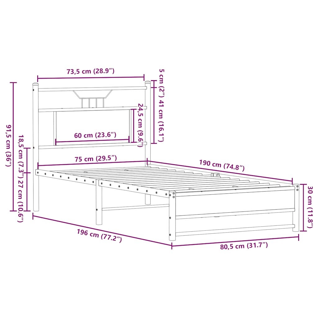füstös tölgy színű szerelt fa ágykeret matrac nélkül 75x190 cm