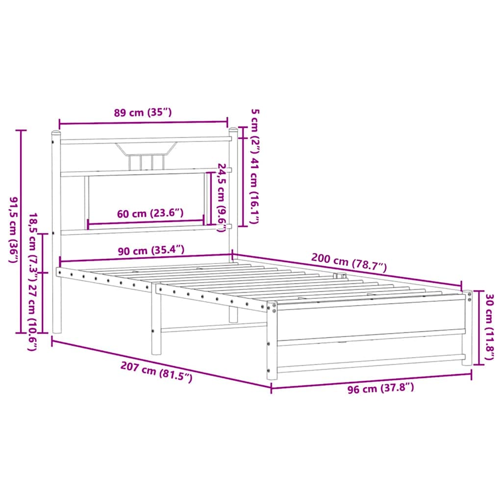 füstös tölgy színű szerelt fa ágykeret matrac nélkül 90x200 cm
