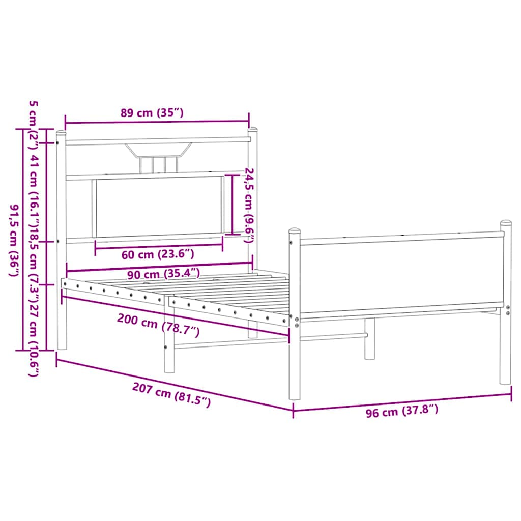 füstös tölgy színű szerelt fa ágykeret matrac nélkül 90x200 cm
