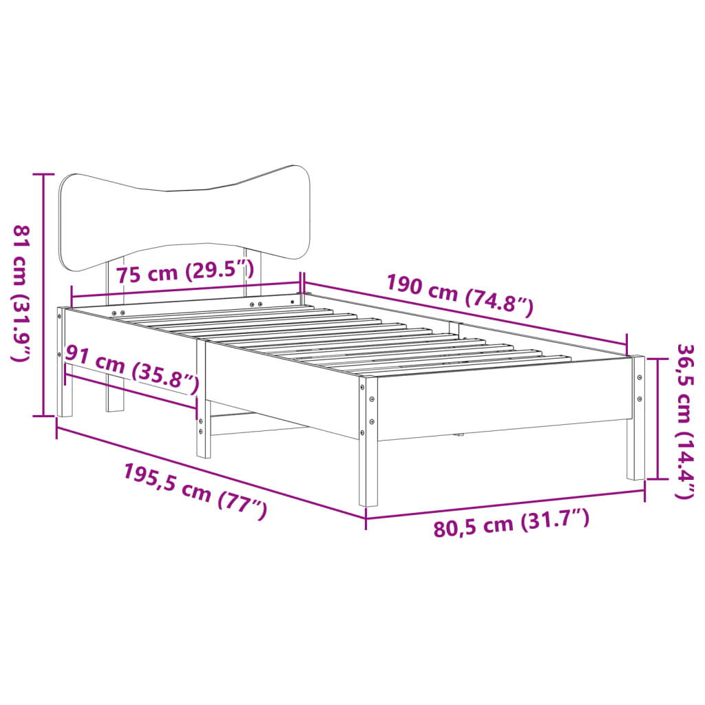 tömör fenyőfa ágy matrac nélkül 75 x 190 cm