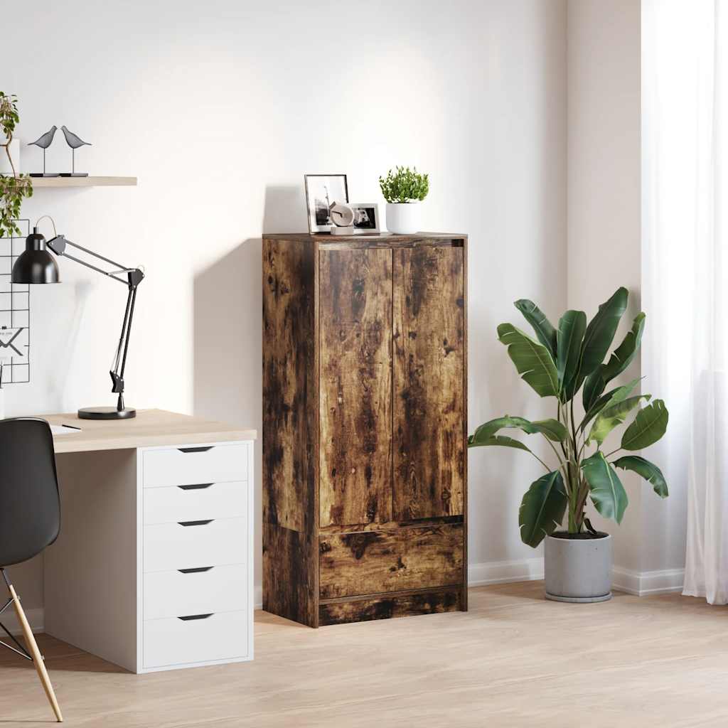 füstös tölgy színű szerelt fa szekrény fiókkal 55,5x34x119,5 cm