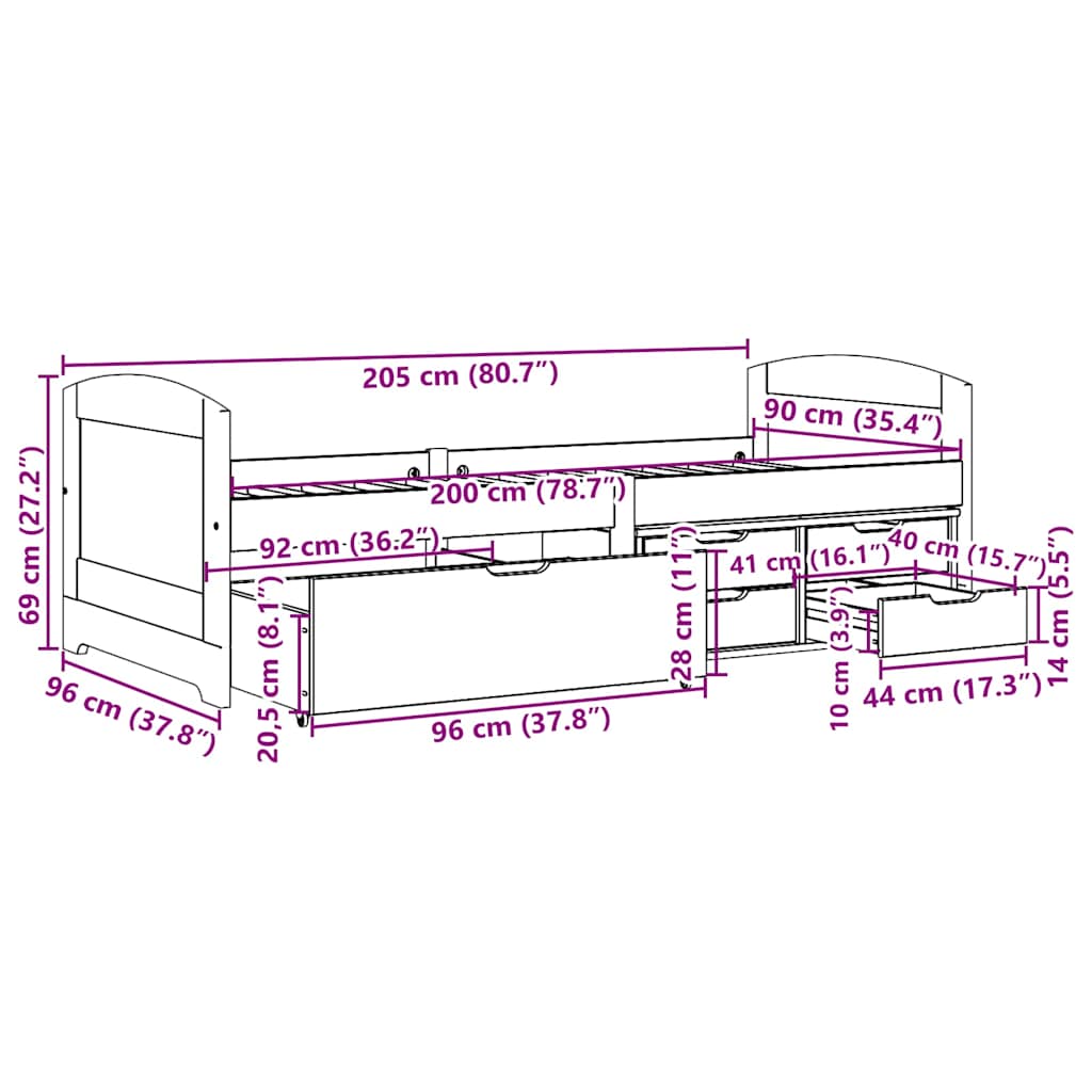 Napozóágy 5 fiókkal matrac nélkül IRUN Fekete 90x200 cm