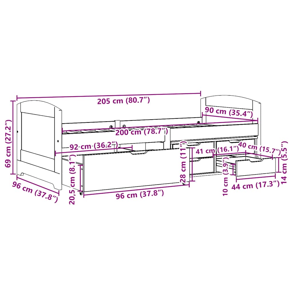 Napozóágy 5 fiókkal matrac nélkül IRUN Fehér&Rózsaszín 90x200cm