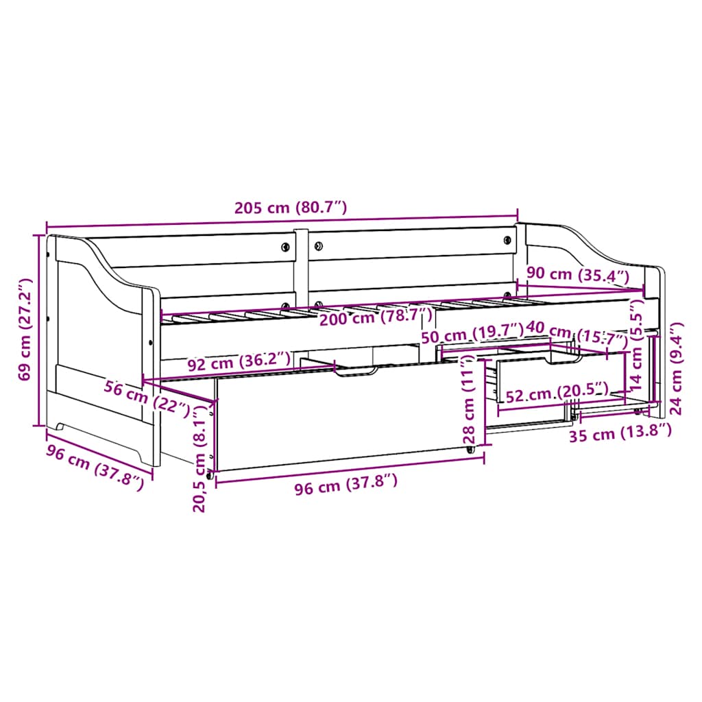 Napozóágy 3 fiókkal matrac nélkül IRUN Fekete 90x200 cm