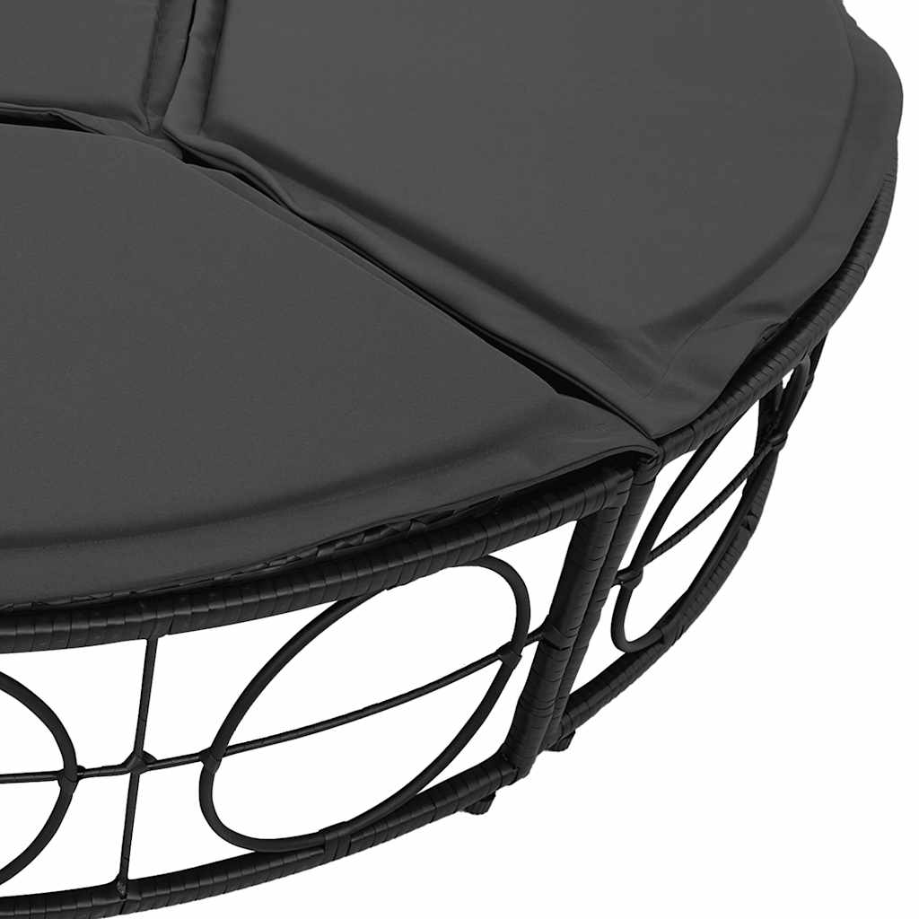 fekete polyrattan kültéri napozóágy napellenzővel és párnákkal