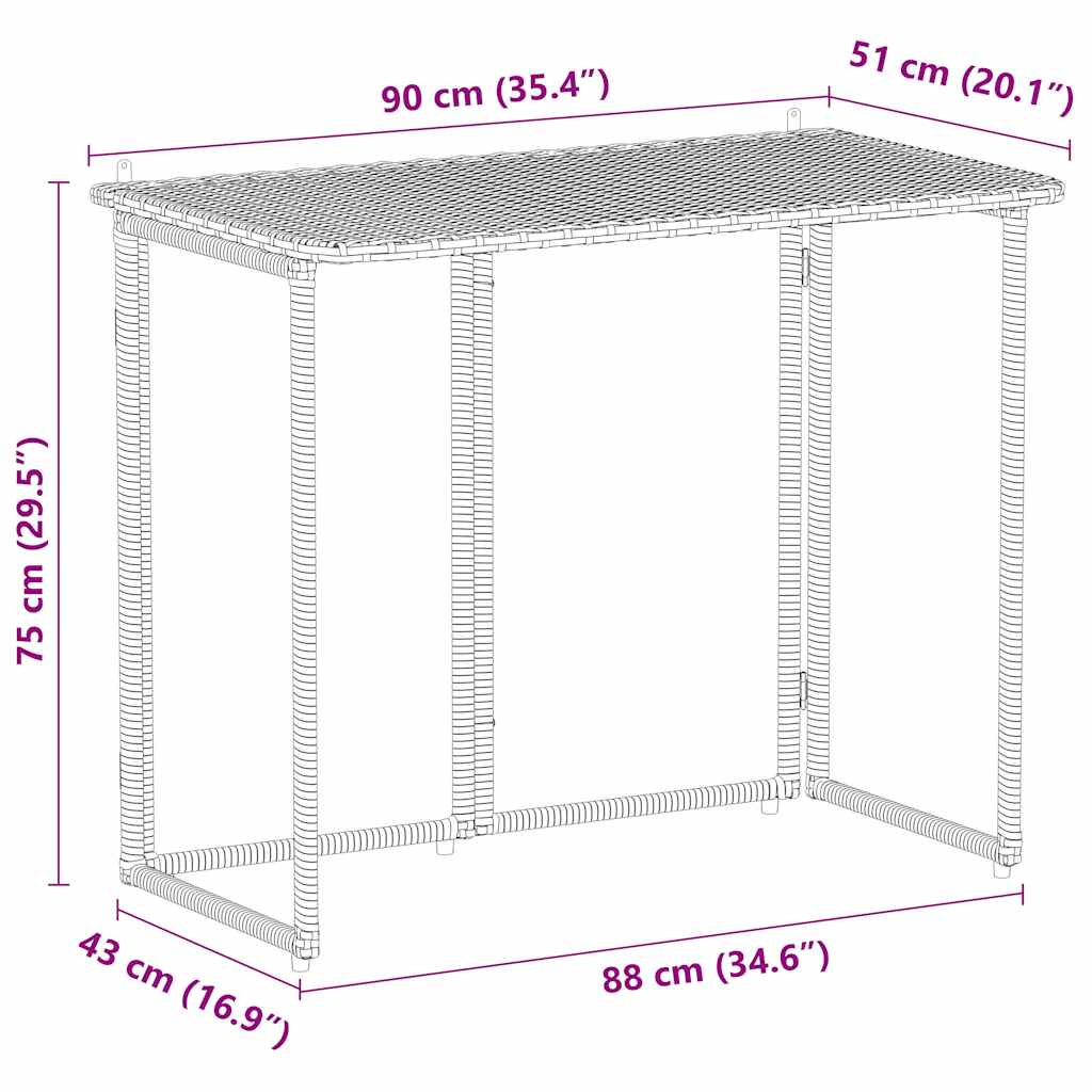 fekete polyrattan összecsukható kerti asztal 90x51x75 cm