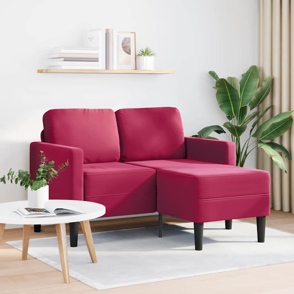 borvörös bársony 2 üléses kanapé L-alakú kanapéval 125 cm